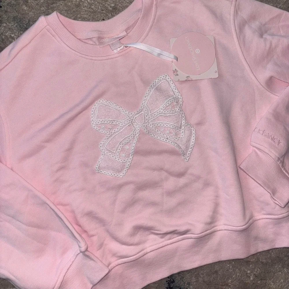 Youth xxl pink LoveShackFancy crewneck sweatshirt white lace bow